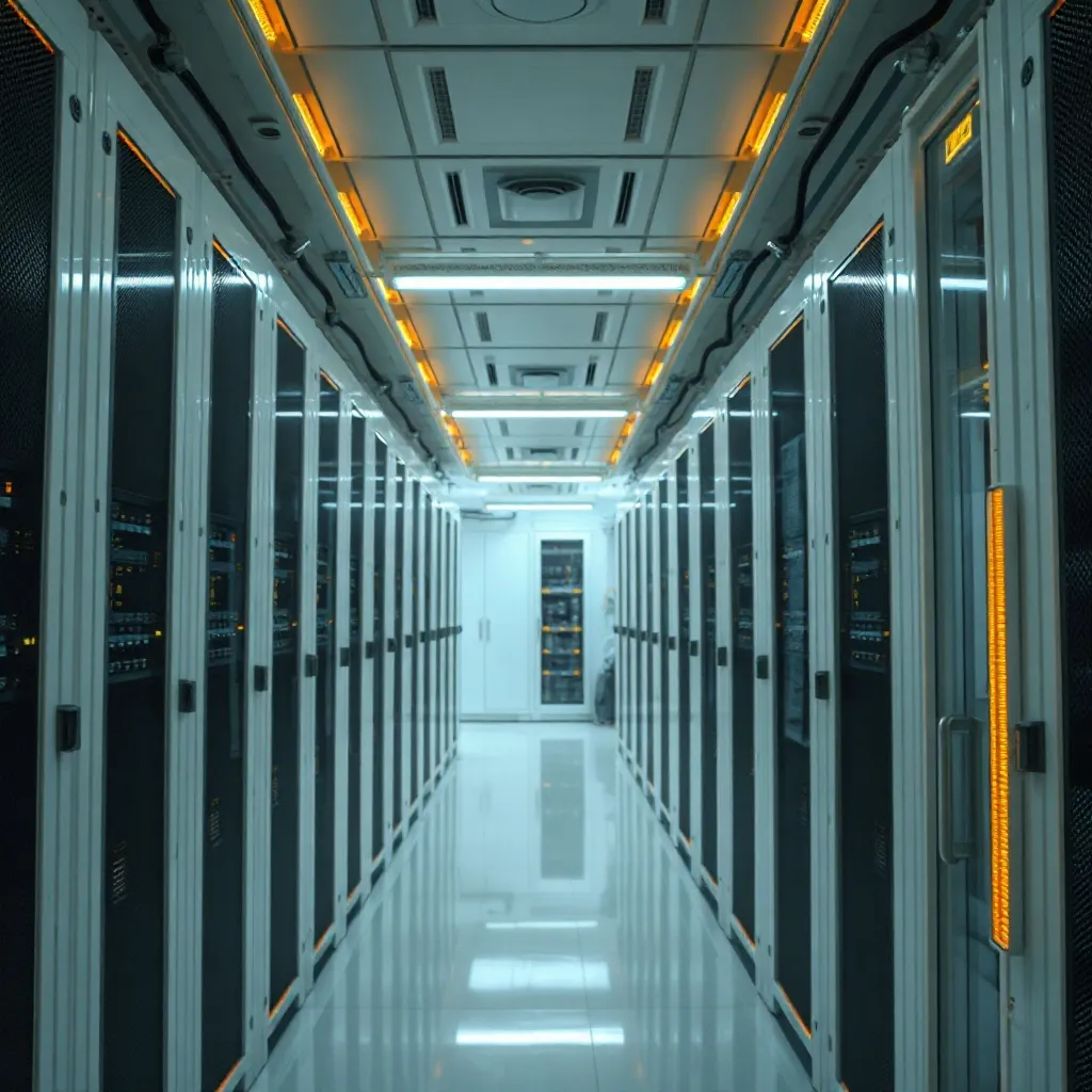 A high-tech server room with clean white and gold lighting,