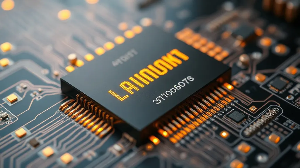 Close up of a microchip with glowing gold connections, techn